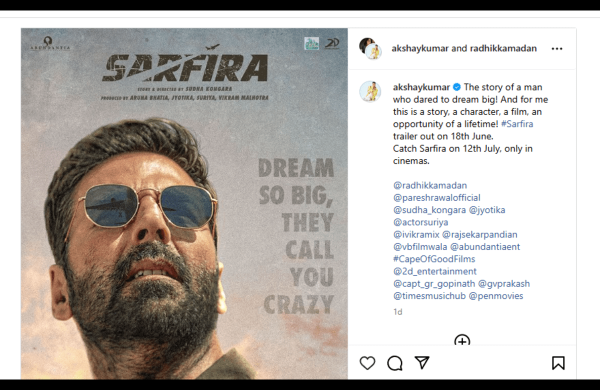 Akshay Kumar's Sarfira Movie Poster